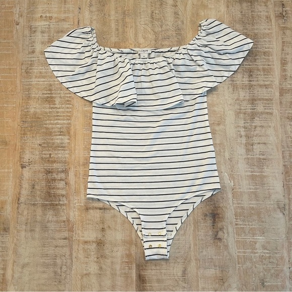 J. Crew Black and White Striped Off the Shoulder Ruffled Bodysuit - Picture 3 of 10